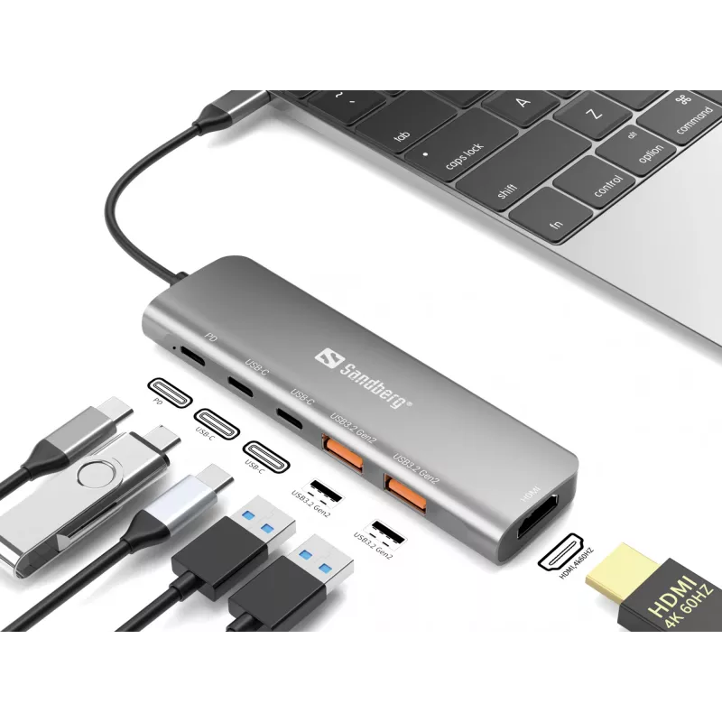 Sandberg USB-C Dock HDMI + 2xUSB-A + 2xUSB-C + PD100W, laidinis, USB 3.2 Gen 1 (3.1 Gen 1) Type-C, 100 W, aliuminis, 4K Ultra HD, 3840 x 2160 pikselių