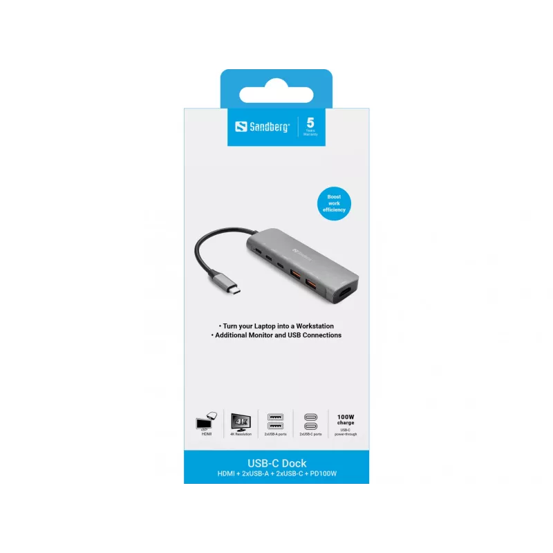 Sandberg USB-C Dock HDMI + 2xUSB-A + 2xUSB-C + PD100W, laidinis, USB 3.2 Gen 1 (3.1 Gen 1) Type-C, 100 W, aliuminis, 4K Ultra HD, 3840 x 2160 pikselių