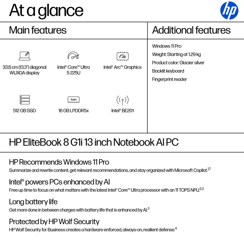 HP EliteBook 8 G1i AI Intel Core Ultra 5 225U nešiojamas kompiuteris 33,8 cm (13,3 col.) WUXGA 16 GB LPDDR5x-SDRAM „Wi-Fi 7“ (802.11be) „Windows 11 Pro“ AI kompiuteris