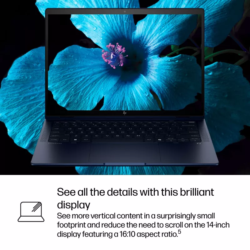 Nešiojamas kompiuteris HP EliteBook X Flip G1i Hybrid 2-in-1 Intel Core Ultra 5 228V 14 colių WUXGA jutiklinis 32 GB LPDDR5x 512 GB SSD Wi‑Fi 7 Windows 11 Pro mėlynas