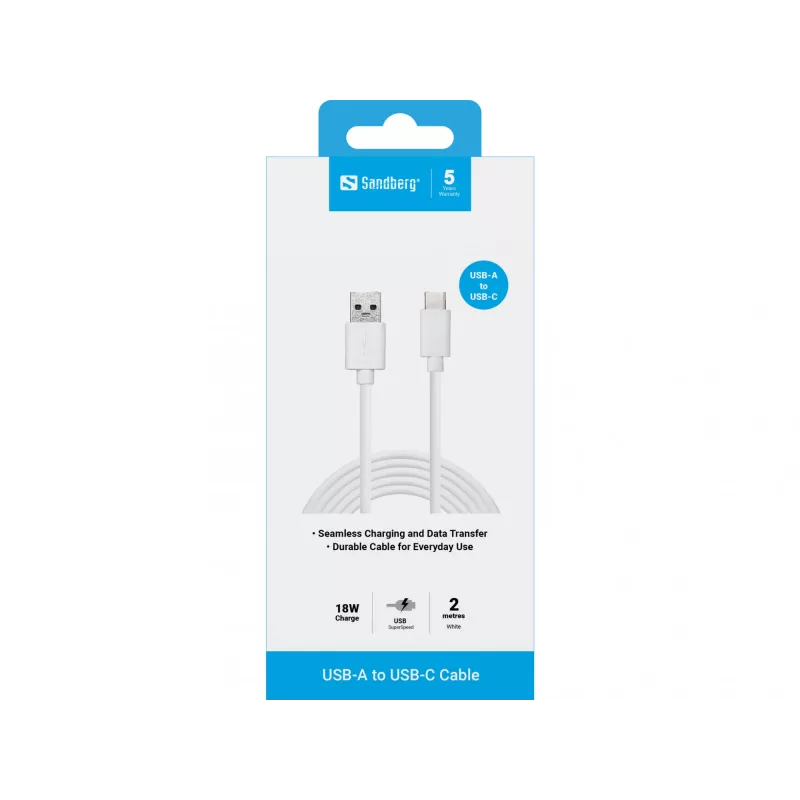 Sandberg USB-C 3.1 USB-A 3.0 2M, 2 m, USB C, USB A, USB 3.2 Gen 1 (3.1 Gen 1), Kištukas/Kištukas, Balta