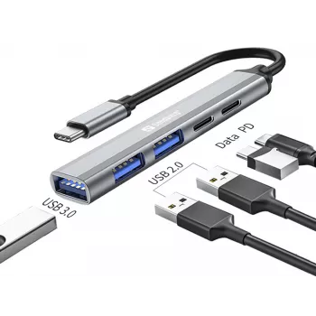 Sandberg USB-C į 3xUSB-A+2xUSB-C SAVER USB 3.2 Gen 1 Pilkas Aliuminis