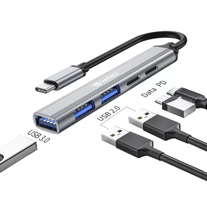Sandberg USB-C į 3xUSB-A+2xUSB-C SAVER USB 3.2 Gen 1 Pilkas Aliuminis