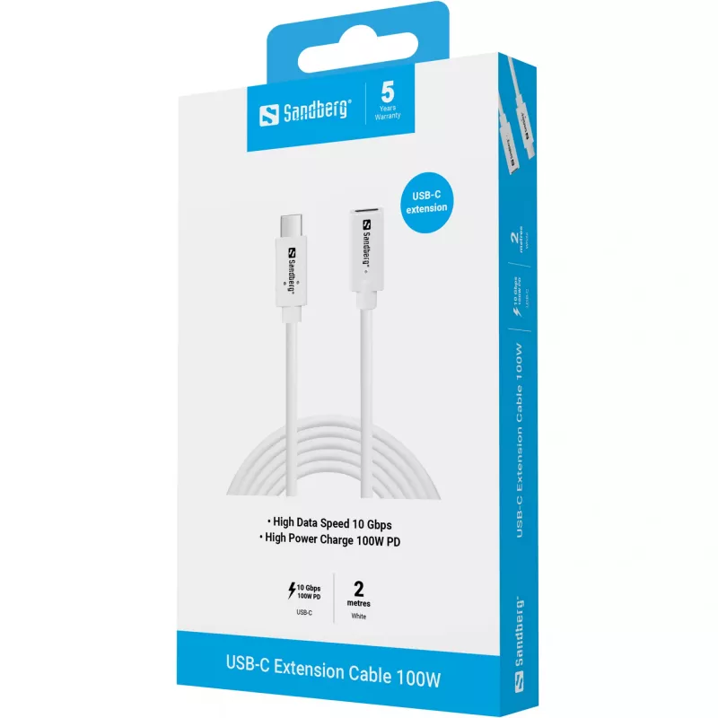 Sandberg USB-C į USB-C laidas 2 m 100 W USB 3.2 Gen 2, baltas