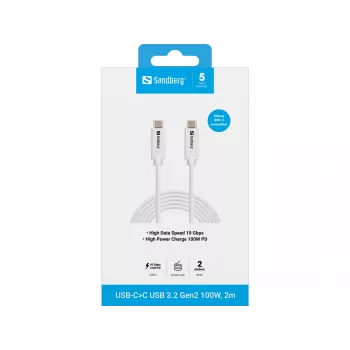 Sandberg USB-C>C USB 3.1 G2 100W 2M laidas baltas