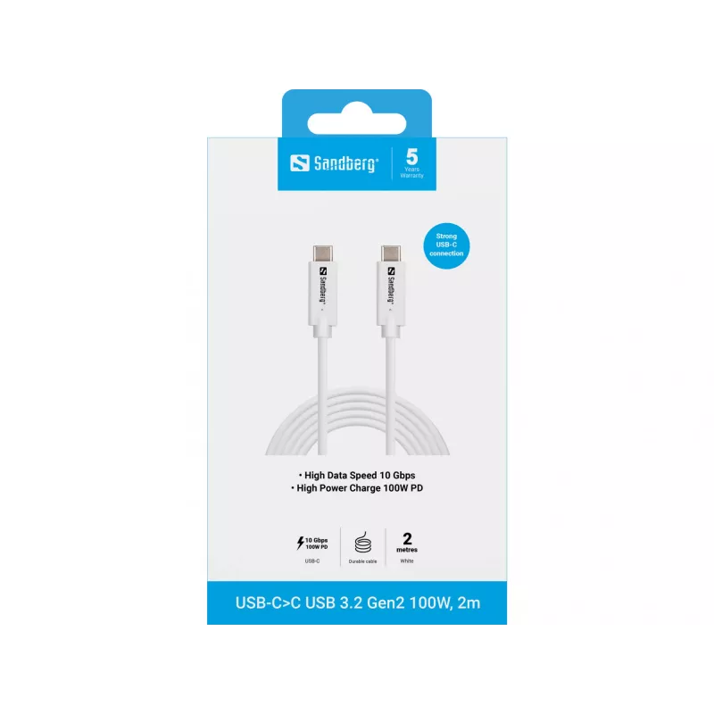 Sandberg USB-C>C USB 3.1 G2 100W 2M laidas baltas