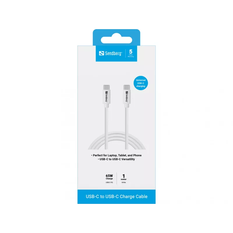 Sandberg USB-C įkrovimo laidas 1M, 65W, 1 m, USB C, USB C, USB 3.2 Gen 1 (3.1 Gen 1), Baltas