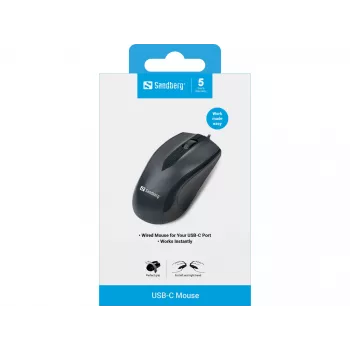 Sandberg USB-C pelė, abiem rankoms tinkama, optinė, USB Type-C, 1200 DPI, juoda