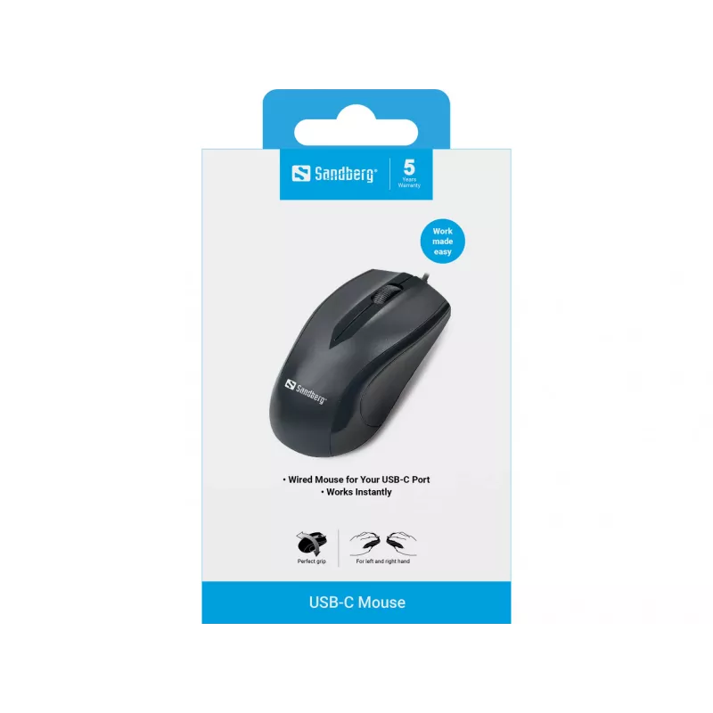 Sandberg USB-C pelė, abiem rankoms tinkama, optinė, USB Type-C, 1200 DPI, juoda