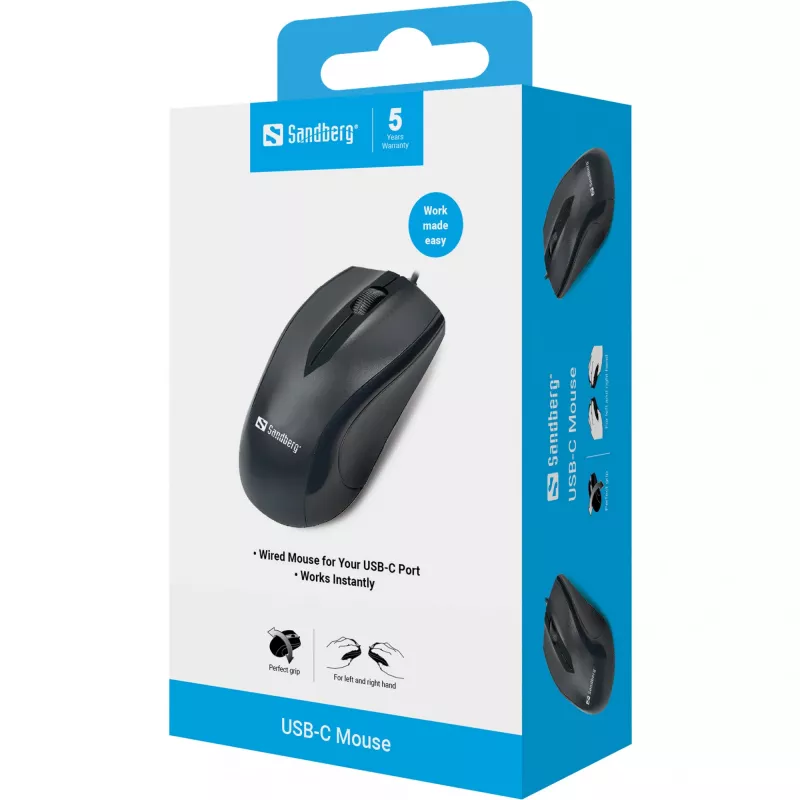 Sandberg USB-C pelė, abiem rankoms tinkama, optinė, USB Type-C, 1200 DPI, juoda