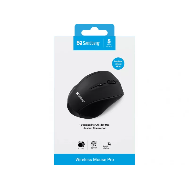 Sandberg Wireless pelė Pro, dešiniarankė, optinė, RF belaidė, 1600 DPI, juoda