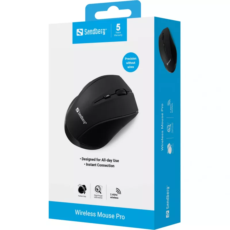 Sandberg Wireless pelė Pro, dešiniarankė, optinė, RF belaidė, 1600 DPI, juoda