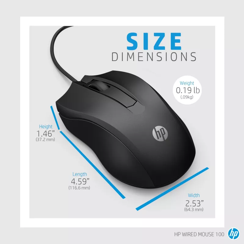 HP laidinė pelė 100, abiem rankoms tinkama, optinė, USB Type-A, 1600 DPI, juoda