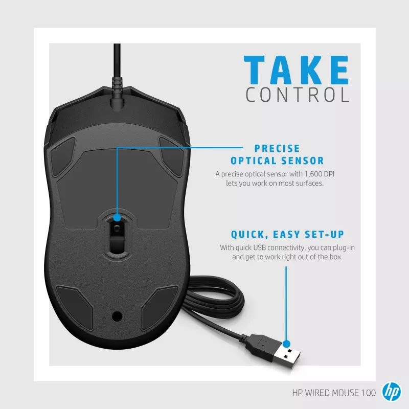 HP laidinė pelė 100, abiem rankoms tinkama, optinė, USB Type-A, 1600 DPI, juoda