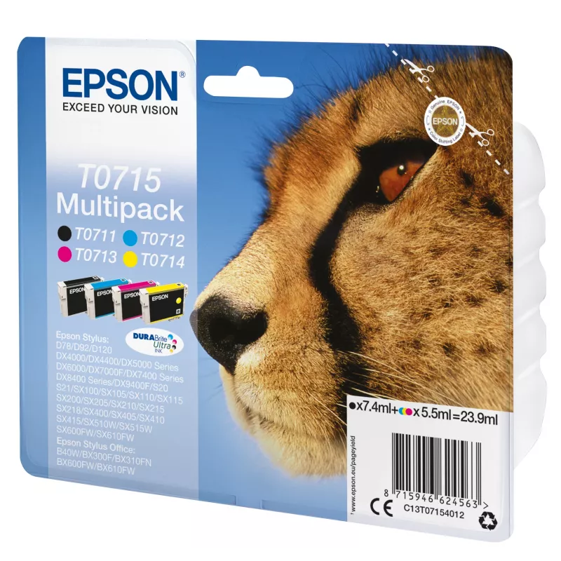 Epson Multipack 4 spalvų T0715 DURABrite Ultra rašalas, juoda, žalsvai mėlyna, purpurinė, geltona, 7,4 ml, 5,5 ml, 1 vnt., kelių dalių pakuotė
