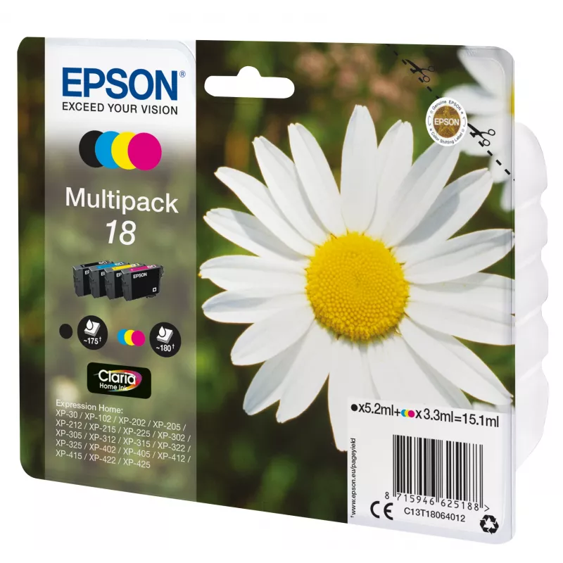 Epson „Daisy“ 4 spalvų daugiafunkcinė pakuotė 18 „Claria Home“ rašalas, juodas, žydras, purpurinis, geltonas, 5,2 ml, 3,3 ml, 1 vnt., 175 puslapiai, daugiafunkcinė pakuotė