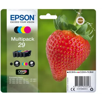 „Epson Strawberry“ daugialypė pakuotė 4 spalvų rašalas 29 Claria Home, juoda, žydra, purpurinė, geltona, 5,3 ml, 3,2 ml, 1 vnt., 175 puslapiai, Daugialypė pakuotė