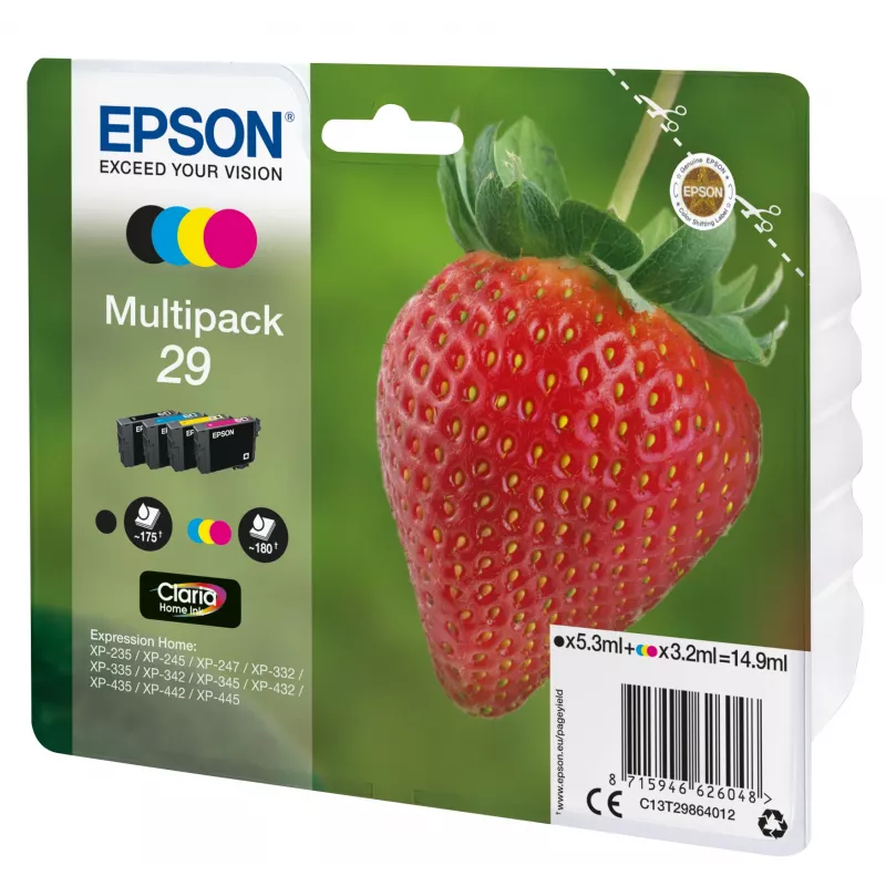 „Epson Strawberry“ daugialypė pakuotė 4 spalvų rašalas 29 Claria Home, juoda, žydra, purpurinė, geltona, 5,3 ml, 3,2 ml, 1 vnt., 175 puslapiai, Daugialypė pakuotė