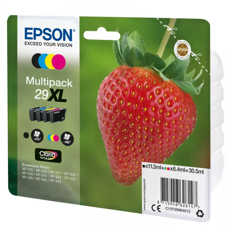 Epson Strawberry Multipack 4-colours 29XL Claria Home Ink, Juoda, Žydra, Magenta, Geltona, 11.3 ml, 6.4 ml, 1 vnt., 470 puslapių, Multi pack