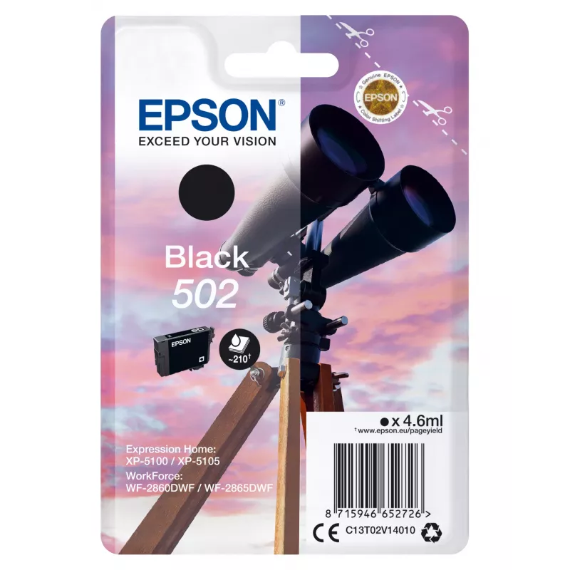 Epson Singlepack Juoda 502 Ink, Standard Yield, Juoda, pigmentinis rašalas, 4.6 ml, 1 vnt., 210 puslapių