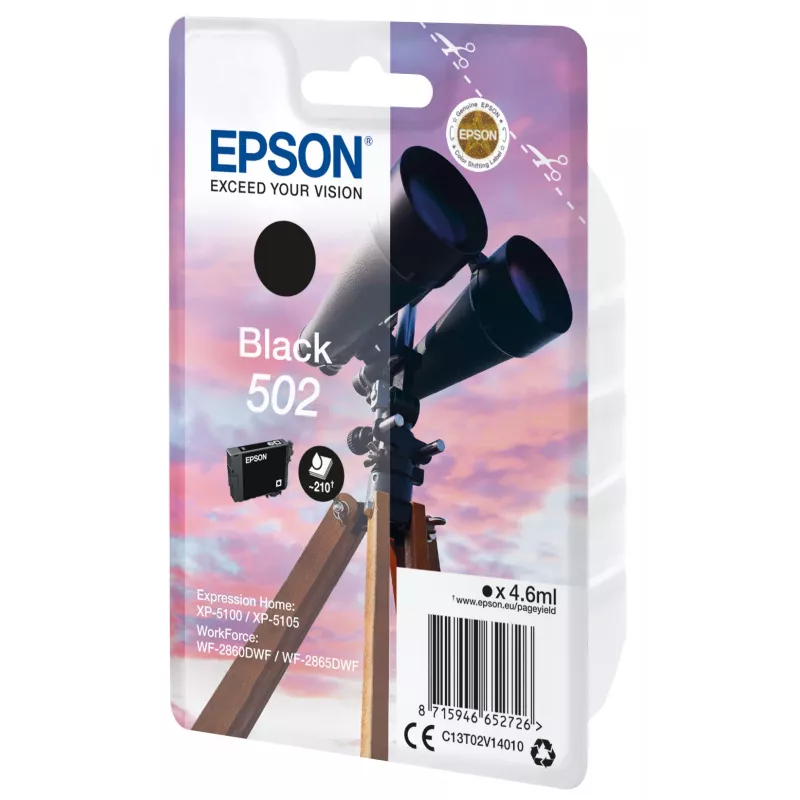 Epson Singlepack Juoda 502 Ink, Standard Yield, Juoda, pigmentinis rašalas, 4.6 ml, 1 vnt., 210 puslapių
