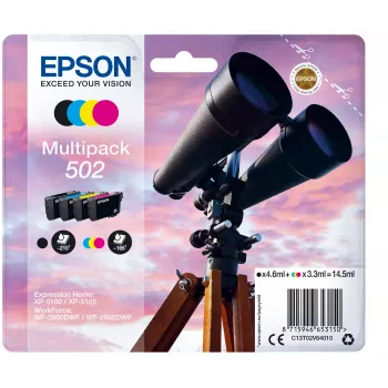 Epson Multipack 4 spalvų 502 rašalas, standartinės talpos, juodas, žydras, rausvai raudonas, geltonas, 4,6 ml, 3,3 ml, 1 vnt., 210 puslapių