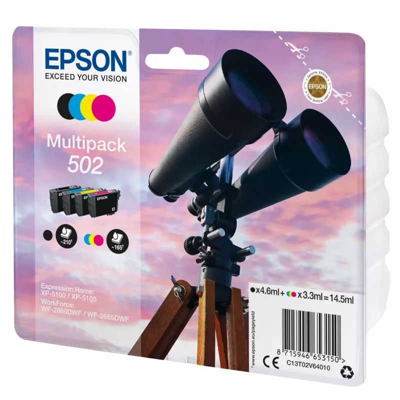 Epson Multipack 4 spalvų 502 rašalas, standartinės talpos, juodas, žydras, rausvai raudonas, geltonas, 4,6 ml, 3,3 ml, 1 vnt., 210 puslapių