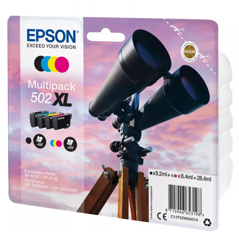 Epson Multipack 4-colours 502XL Ink, High (XL) Yield, Juoda, Žydra, Magenta, Geltona, pigmentinis rašalas, Dye-based ink, 9.2 ml, 6.4 ml
