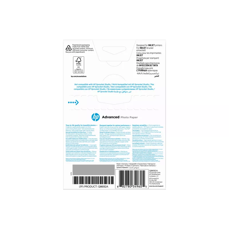 HP Advanced Photo Paper Glossy 250 g/m² 10 x 15 cm (101 x 152 mm) 100 lapų