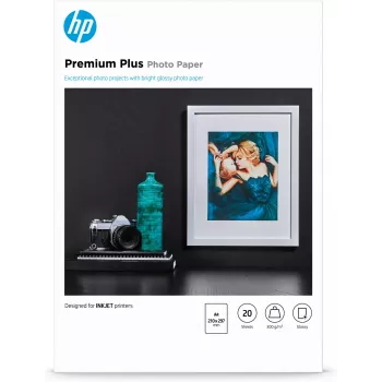 HP Premium Plus blizgus fotopopierius - 20 lapų / A4 / 210 x 297 mm, blizgus, 300 g/m², lazerinė / rašalinė spauda, 20 lapų, verslui, įmonėms, 15–35 °C