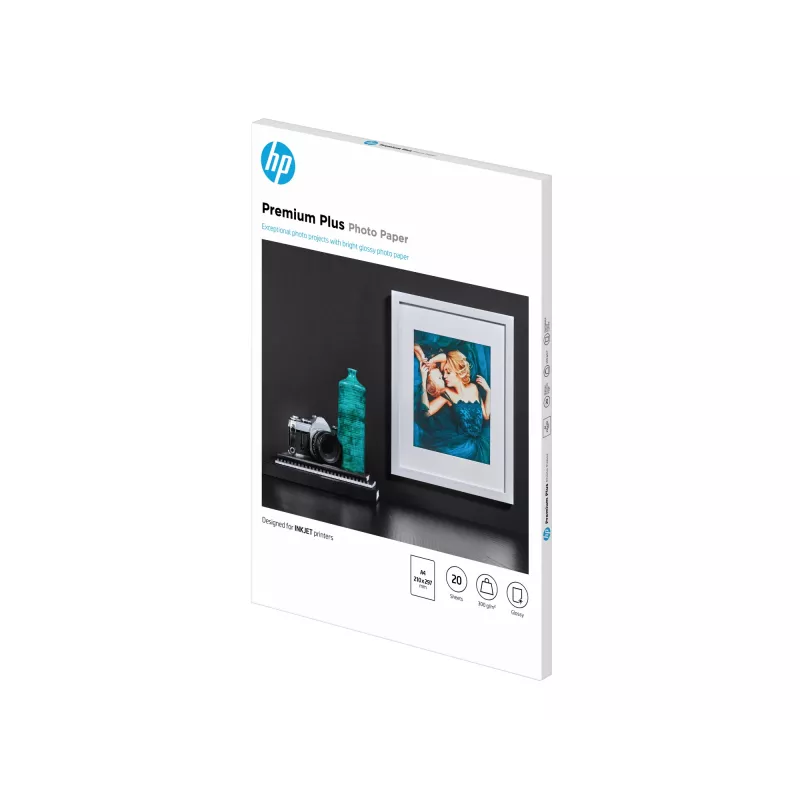 HP Premium Plus blizgus fotopopierius - 20 lapų / A4 / 210 x 297 mm, blizgus, 300 g/m², lazerinė / rašalinė spauda, 20 lapų, verslui, įmonėms, 15–35 °C