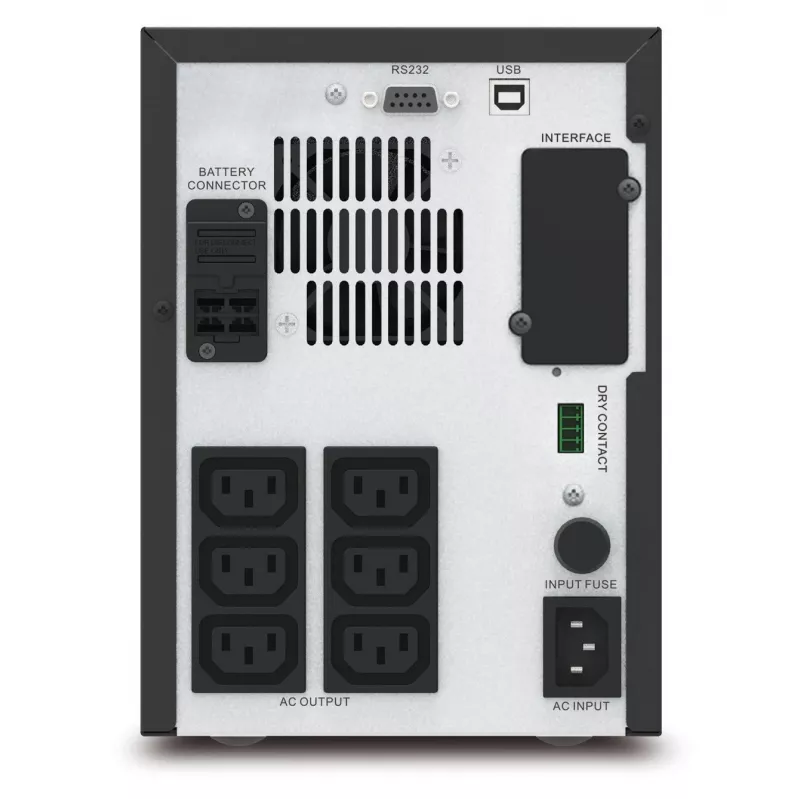 APC Easy UPS 1 fazės interaktyvusis, 750 VA, bokštinio tipo, 230 V, 6 IEC C13 lizdai, AVR, sausasis kontaktas, LCD, be tinklo plokštės palaikymo