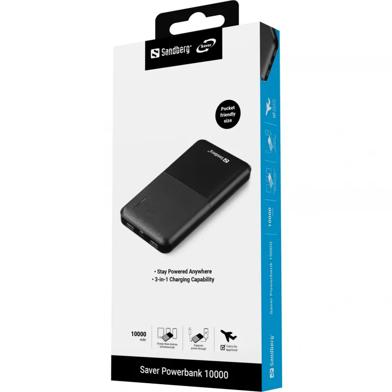 Sandberg Saver Powerbank 10000, 10000 mAh, ličio polimeras (LiPo), juodas
