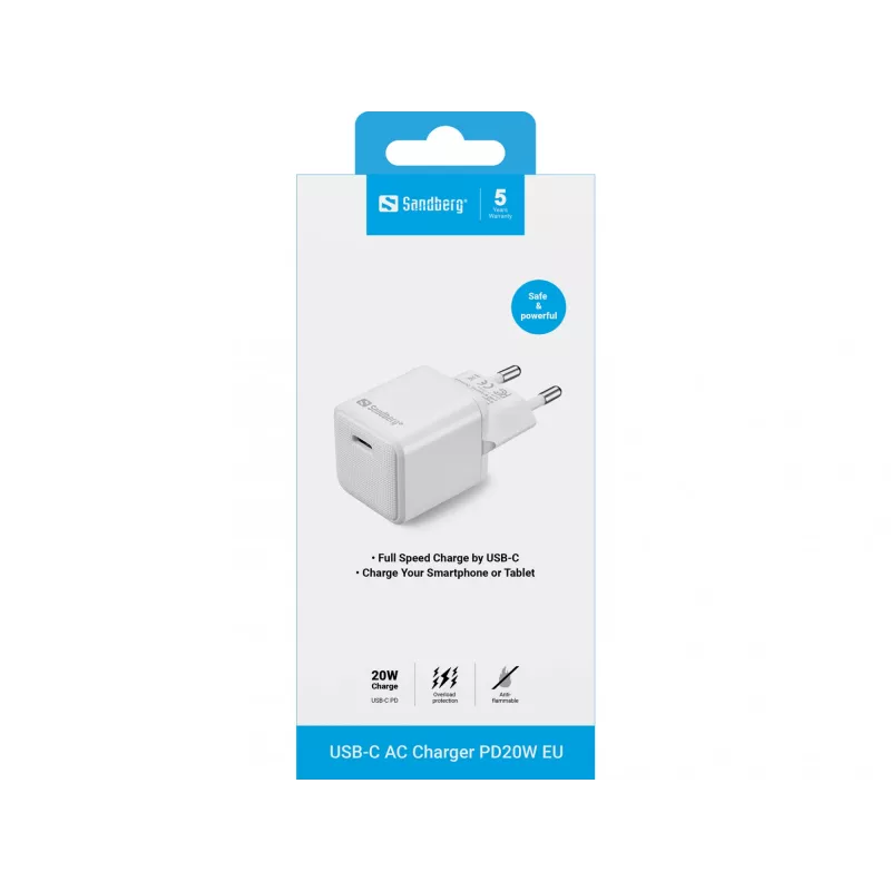 Sandberg USB-C kintamosios srovės įkroviklis PD20W EU, vidaus, kintamoji srovė, 5 V, 3 A, balta