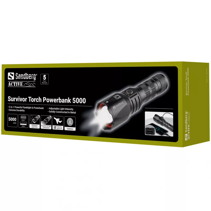 Sandberg Survivor Torch Powerbank 5000, Rankinis žibintuvėlis, Juoda, Aliuminis, IPX4, -30 - 40 °C, FCC, RoHS, UKCA, CE