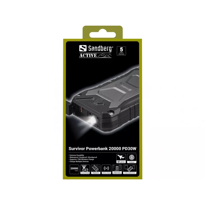 “Sandberg Survivor” išorinė baterija 20000 PD30W, 20000 mAh, belaidis įkrovimas, juoda