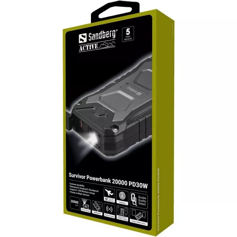 “Sandberg Survivor” išorinė baterija 20000 PD30W, 20000 mAh, belaidis įkrovimas, juoda