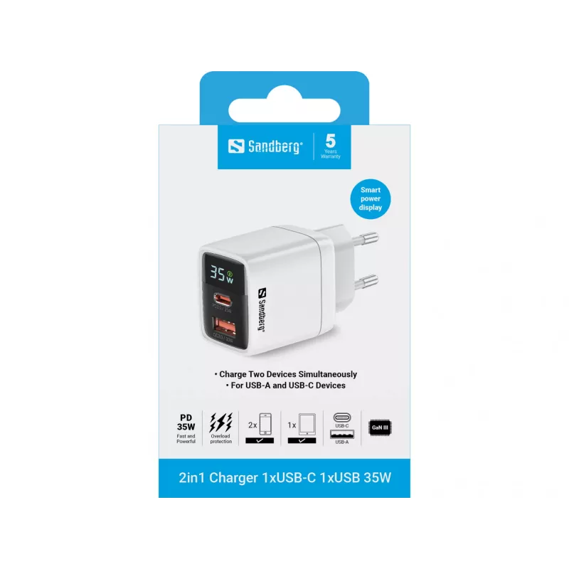 Įkroviklis Sandberg 2in1 1xUSB-C 1xUSB 35W Vidaus Kintamosios Srovės Universalus