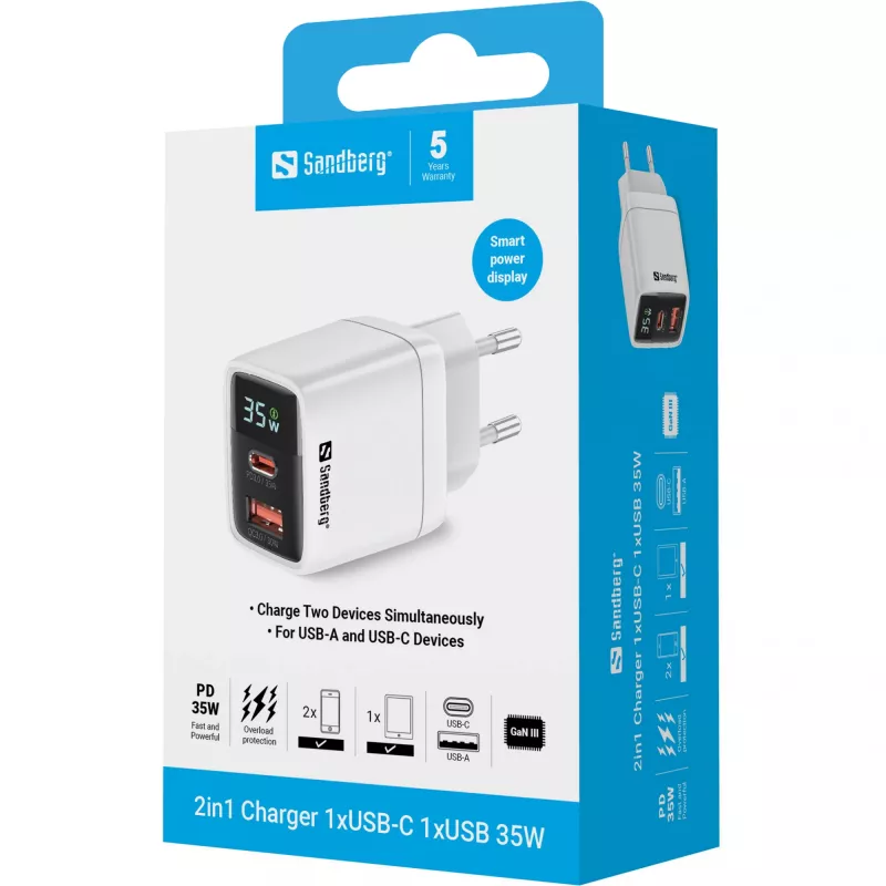 Įkroviklis Sandberg 2in1 1xUSB-C 1xUSB 35W Vidaus Kintamosios Srovės Universalus