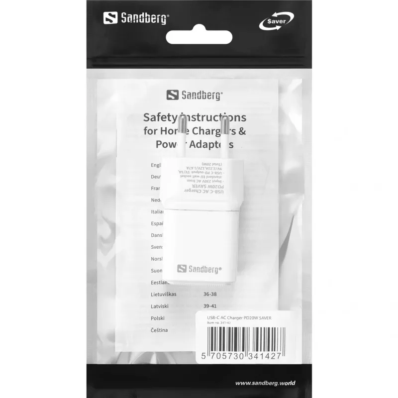 Sandberg USB-C kroviklis PD20W SAVER, patalpų, kintamoji srovė, 12 V, 3 A, balta