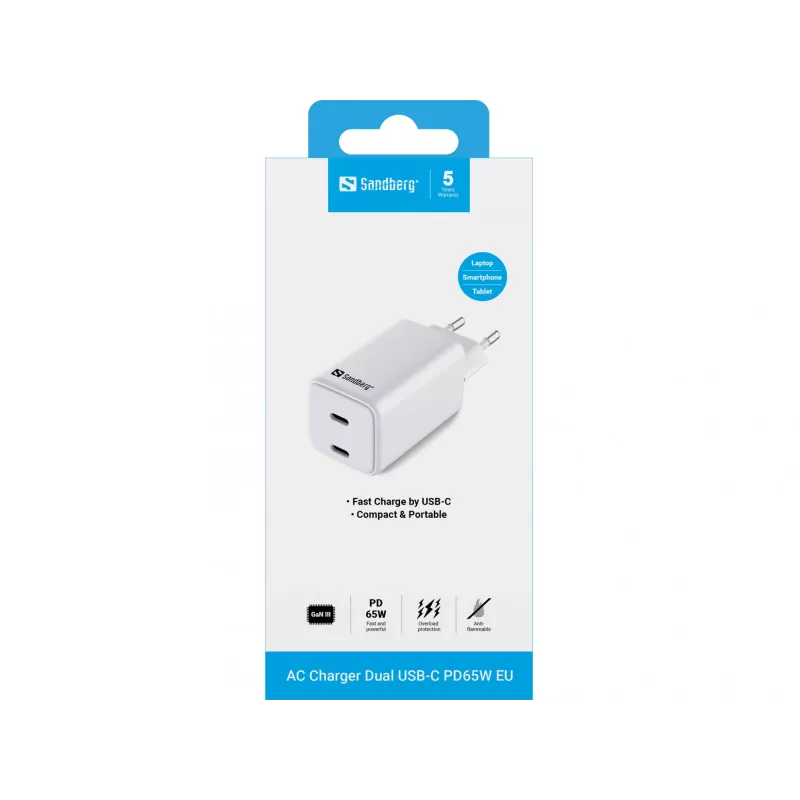 Sandberg AC Charger Dual USB-C PD65W EU, vidaus, kintamoji srovė, 20 V, 3,25 A, balta