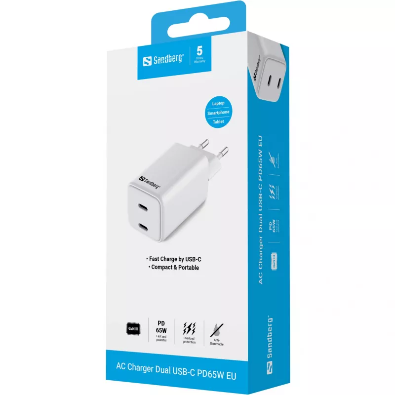 Sandberg AC Charger Dual USB-C PD65W EU, vidaus, kintamoji srovė, 20 V, 3,25 A, balta