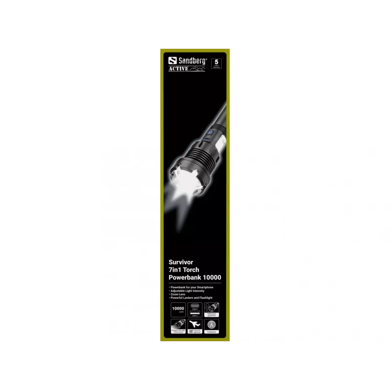 Sandberg Survivor 7in1 Torch Powerbank 10000, rankinis žibintuvėlis, Juoda, Aliuminis, LED, 2 lempos, 500 lm