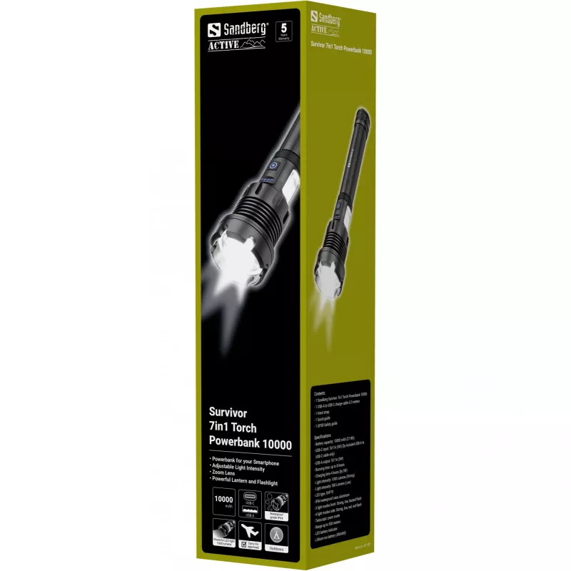 Sandberg Survivor 7in1 Torch Powerbank 10000, rankinis žibintuvėlis, Juoda, Aliuminis, LED, 2 lempos, 500 lm