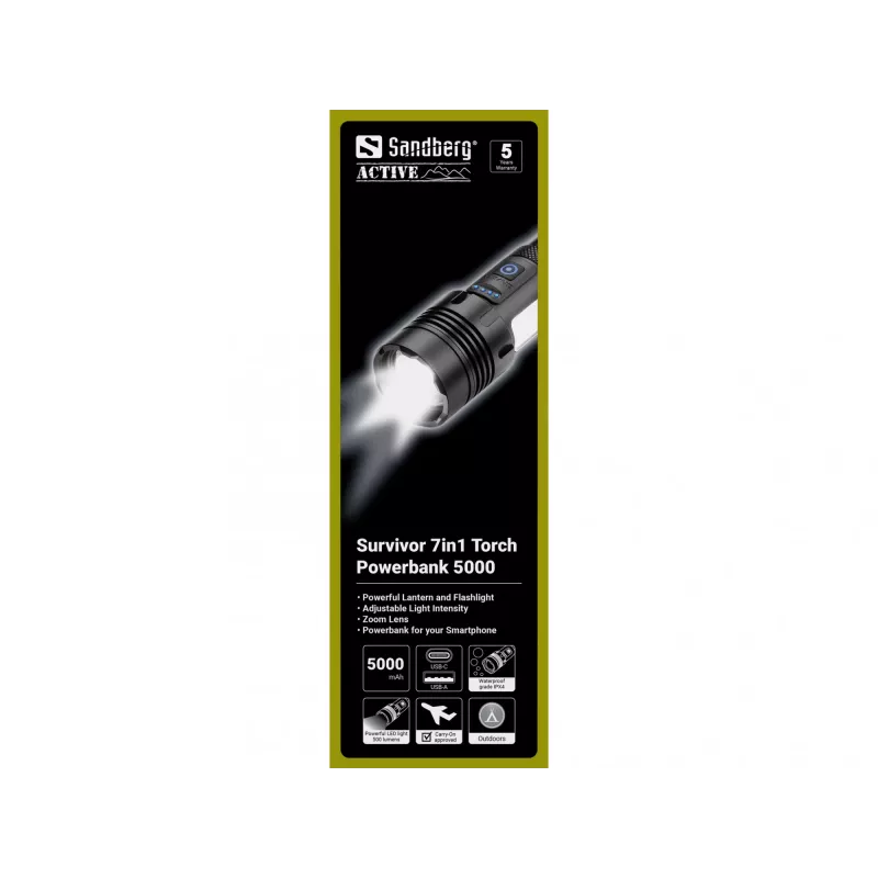 Sandberg Survivor 7in1 Torch Powerbank 5000, Rankinis žibintuvėlis, Juoda, Aliuminis, LED, 2 lemputė(s), 200 lm