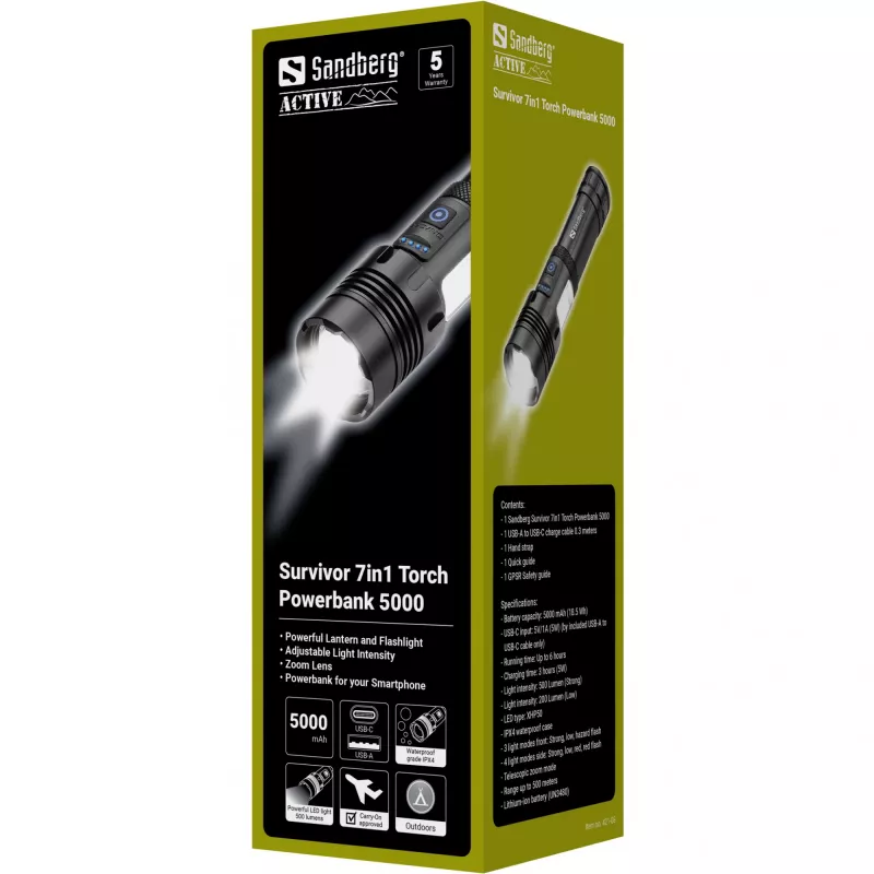 Sandberg Survivor 7in1 Torch Powerbank 5000, Rankinis žibintuvėlis, Juoda, Aliuminis, LED, 2 lemputė(s), 200 lm