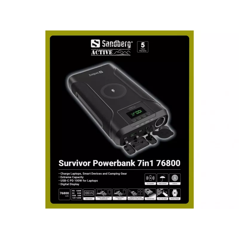 Sandberg Survivor Powerbank 7in1 76800, 76800 mAh, ličio jonų (Li-Ion), belaidis įkrovimas, 3.6 V, juoda