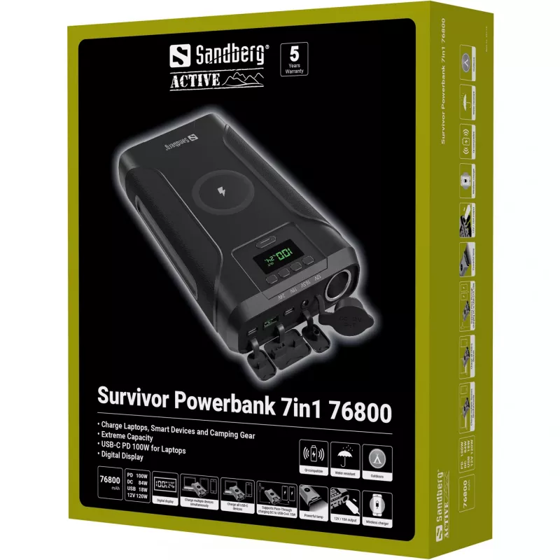 Sandberg Survivor Powerbank 7in1 76800, 76800 mAh, ličio jonų (Li-Ion), belaidis įkrovimas, 3.6 V, juoda