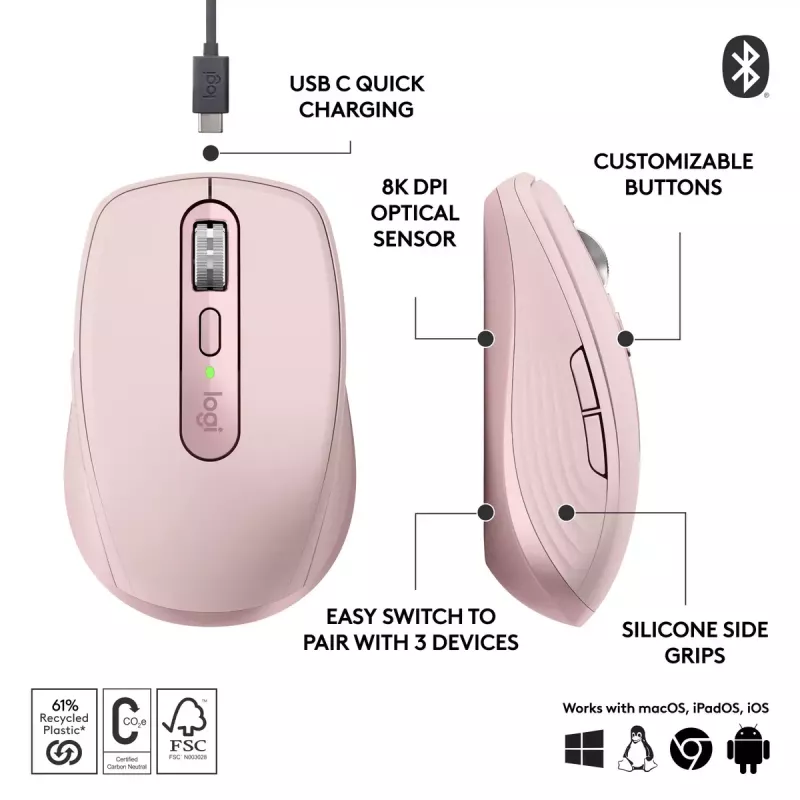 Pelių Logitech MX 3S Pink USB Optical