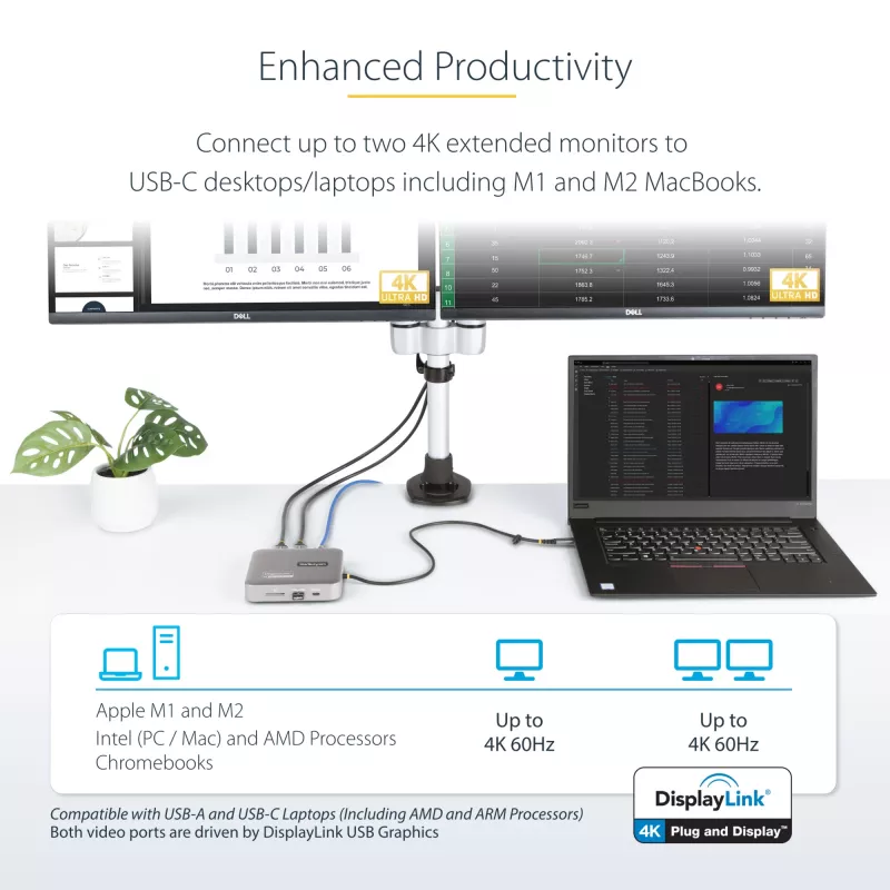StarTech.com USB C dokinė stotelė, du 4K 60 Hz HDMI, suderinama su Macbook Pro (M1/M2/M3/M4) ir Windows, USB-A/USB-C 10 Gb/s centras, 100 W galios tiekimas, GbE, SD, 22 colių / 56 cm laidas